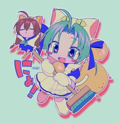 2girls :d animal_hat apron bell blue_dress blue_ribbon blue_sailor_collar blue_shorts blush_stickers broom brown_hair cat_girl cat_hat cat_tail chibi chibi_only commentary_request dejiko di_gi_charat dress fang flower full_body gema green_eyes green_hair green_neckerchief hair_bell hair_ornament hair_ribbon hat hat_flower highres holding holding_broom jingle_bell long_hair menma_(enaic31) mittens multiple_girls neck_bell neckerchief no_nose open_mouth parted_bangs paw_shoes puchiko puffy_short_sleeves puffy_sleeves ribbon sailor_collar sailor_shirt shirt shoes short_hair short_sleeves shorts single_shoe smile tail watermark white_apron white_hat white_mittens white_shirt white_shoes yellow_hat