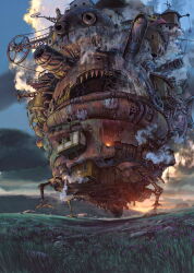 absurdres architecture backlighting cloud evening field highres howl_no_ugoku_shiro monster mountainous_horizon no_humans official_art oga_kazuo outdoors painting_(medium) scan steam steampunk sunset third-party_source traditional_media