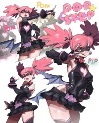 1girl ;q absurdres black_gloves black_leotard black_mask black_skirt black_sleeves blush boku_no_hero_academia breasts bright_pupils character_name cleavage_cutout clothing_cutout commentary cowboy_shot cropped_legs demon_wings detached_sleeves domino_mask earrings eye_mask fake_wings fingerless_gloves gloves haneyama_kazuho heart_cutout highleg highleg_leotard highres jewelry leotard looking_at_viewer low_wings mask medium_breasts microskirt multiple_views one_eye_closed open_mouth outstretched_arm pink_eyes pink_hair pleated_skirt reallycute456 skirt smile sphere_earrings standing star_(symbol) superhero_costume symbol-only_commentary thumbs_up tongue tongue_out twintails vigilante_-boku_no_hero_academia:_illegals- white_pupils wings