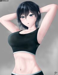 1girl armpits arms_behind_head arms_up bara_(03_bara_) black_hair black_sports_bra borrowed_character breasts collarbone commentary_request grey_background hair_between_eyes large_breasts looking_at_viewer medium_hair navel open_mouth original shikuroo0 signature simple_background solo sports_bra sportswear steam steaming_body stomach sweat tomboy twitter_logo twitter_username upper_body yokoyama_ishimi