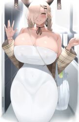 1girl \||/ absurdres aizawa_marimo alternate_costume asymmetrical_bangs azur_lane bag blonde_hair blush braid breasts brown_jacket cleavage collarbone commentary_request covered_erect_nipples covered_navel dark-skinned_female dark_skin dress earrings elbow_carry fingernails hair_over_one_eye highres horns huge_breasts jacket jewelry long_hair looking_at_viewer mole mole_under_mouth one_eye_covered owari_(azur_lane) plaid_clothes plaid_jacket plastic_bag ring smile solo spring_onion strapless strapless_dress taut_clothes taut_dress twin_braids white_dress