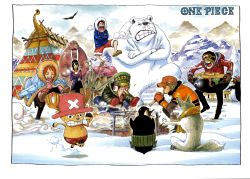 00s 2005 2girls 5boys bear bird black_hair blonde_hair border campfire color_spread cover cover_page fur_trim goggles green_hair haramaki hat highres jacket mittens monkey_d._luffy mountain multiple_boys multiple_girls nami_(one_piece) oda_eiichirou official_art one_piece orange_hair outdoors penguin polar_bear roronoa_zoro sanji_(one_piece) scarf scenery short_hair snow tony_tony_chopper turtleneck usopp walrus winter_clothes wolf