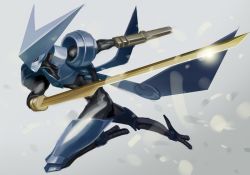 Rule 34 | 1boy, android, arm blade, armor, blue skin, brigadoon, colored skin, fighting stance, full body, grey background, helmet, lens flare, maco (soliddevil), melan blue, red eyes, solo, weapon