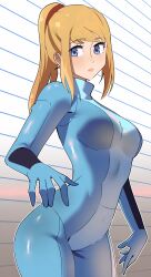 Rule 34 | 1girl, absurdres, blonde hair, blue bodysuit, blue eyes, bodysuit, breasts, cowboy shot, gjh, high ponytail, highres, long hair, medium breasts, metroid, nintendo, ponytail, samus aran, solo, zero suit