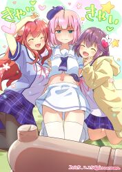 3girls absurdres aqua_eyes belly beret blue_hat blue_shirt blue_skirt blunt_bangs blush bob_cut chiyoda_momo cosplay costume_switch curled_horns dated demon_girl demon_horns embarrassed fang food-themed_hair_ornament hair_between_eyes hair_ornament hat heart highres hood hoodie horns icorasama kneeling locked_arms long_hair machikado_mazoku midriff multiple_girls multiple_hair_clips navel neckerchief no_shoes pantyhose peach_hair_ornament pink_hair plaid_clothes plaid_skirt purple_hair purple_neckerchief purple_trim red_hair red_ribbon ribbon sailor_collar sakuragaoka_high_school_uniform school_uniform serafuku shirt sidelocks simple_background skin_fang skirt star_(symbol) statue tatami thighhighs twitter_username wavy_mouth white_sailor_collar white_skirt white_thighhighs yellow_hoodie yoshida_ryouko yoshida_yuuko_(machikado_mazoku)