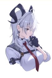 1girl absurdres biting biting_glove black_choker black_gloves black_horns breasts chest_harness choker collared_shirt commentary cropped_torso curled_horns earrings gloves grey_hair harness highres horns jewelry key_earrings large_breasts long_hair mole mole_under_eye necktie red_eyes red_necktie sasa_(sasa_ekakiman) shirt simple_background solo white_background white_shirt wuthering_waves zani_(wuthering_waves)