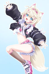 Rule 34 | 1girl, 4kimizuki, :3, absurdres, animal ear fluff, animal ears, bandaid, bandaid hair ornament, belt, black jacket, black socks, blonde hair, blue eyes, collar, dog ears, dog girl, dog tail, fang, fur collar, hair ornament, hairband, hairclip, headphones, headphones around neck, highres, hololive, hololive english, jacket, kneehighs, leg up, midriff, mococo abyssgard, navel, open mouth, outstretched arms, panties, panty peek, shirt, shoes, short hair, short shorts, shorts, smile, socks, solo, standing, standing on one leg, stomach, striped clothes, striped panties, tail, thighs, underwear, upshorts, virtual youtuber, white shirt, white shoes, white shorts