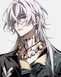 1boy bead_necklace beads black_shirt collarbone dlckrpwjd111 earrings from_below geshu_lin_(wuthering_waves) green_jacket grey_background grey_hair hair_between_eyes jacket jewelry long_hair looking_at_viewer male_focus multicolored_jacket narrowed_eyes necklace parted_lips pectoral_cleavage pectorals portrait revision scar_on_lip shaded_face shirt simple_background tacet_mark_(wuthering_waves) toned toned_male wuthering_waves yellow_eyes