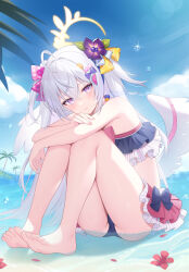 1girl absurdres ahoge angel_wings azusa_(blue_archive) azusa_(swimsuit)_(blue_archive) bare_arms bare_shoulders barefoot bikini bikini_skirt blue_archive blue_bikini blue_sky blush bow bubble closed_mouth cloud commentary crescent_halo crossed_bangs day dorsiflexion feathered_wings feet flower food-themed_hair_ornament frilled_bikini frills grey_hair hair_between_eyes hair_bow hair_flower hair_ornament halo highres knees_up kooriais legs long_hair looking_at_viewer ocean official_alternate_costume orange_hair_ornament outdoors palm_leaf palm_tree pink_bow polka_dot polka_dot_bow purple_eyes purple_flower red_flower sitting sky solo swimsuit symbol-only_commentary thighs toes tree twitter_username very_long_hair water watermelon_hair_ornament white_wings wings yellow_bow yellow_halo