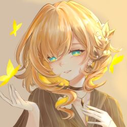 Rule 34 | 1girl, 9778049194, absurdres, aglaea (fashion) (honkai: star rail), aglaea (honkai: star rail), blonde hair, breast tattoo, breasts, bug, butterfly, chinese commentary, cleavage, commentary request, gold tattoo, green eyes, grey background, grey shirt, highres, honkai: star rail, honkai (series), insect, jewelry, large breasts, laurel crown, necklace, official alternate costume, shirt, short hair, simple background, solo, tattoo, upper body