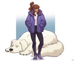 Rule 34 | 1girl, 1other, artist name, avatar legends, bear, black pants, blue eyes, blue jacket, border, brown hair, dark-skinned female, dark skin, full body, hands in pockets, highres, hood, hoodie, jacket, korra, long hair, naga (avatar), pants, polar bear, polar bear dog, ponytail, shirt, shoes, sleeping, sneakers, the legend of korra, white border, white shirt, yellow nicky