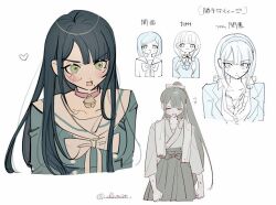 &gt;_&lt; 3girls alternate_costume alternate_hairstyle bell black_hair blush chabashira_tenko choker collarbone cropped_torso danganronpa_(series) danganronpa_v3:_killing_harmony eyelashes green_eyes hair_down hair_ribbon hakama heart high_ponytail japanese_clothes long_hair long_sleeves looking_at_viewer low_twintails mole mole_under_mouth morning_(d0nteat) multiple_girls neck_bell open_mouth partially_colored pink_choker ponytail ribbon sailor_collar school_uniform shirt short_hair sketch smile translation_request twintails twitter_username white_background yonaga_angie yumeno_himiko