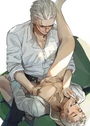 2boys abs absurdres arksia belt belt_buckle black_pants buckle chinese_commentary closed_eyes closed_mouth collarbone collared_shirt commentary_request cuntboy cuntboy_with_male devil_may_cry_(series) devil_may_cry_5 earrings father_and_son glasses hair_slicked_back hand_on_another&#039;s_chin hand_on_another&#039;s_hip highres incest jewelry leg_on_another&#039;s_shoulder leg_up male_focus male_penetrated multiple_boys necklace nero_(devil_may_cry) nipples open_belt open_clothes open_collar open_pants open_shirt pants parted_lips pectorals piercing pussy shirt short_hair simple_background sleeves_rolled_up smile stud_earrings teeth vaginal vergil_(devil_may_cry) white_background white_hair white_shirt wing_collar yaoi