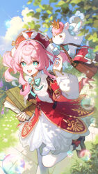 1girl absurdres air_bubble aqua_hair black_shoes book bubble cloud dress hair_between_eyes highres holding holding_book honkai:_star_rail honkai_(series) hyacine_(honkai:_star_rail) little_ica_(honkai:_star_rail) loafers long_sleeves looking_at_viewer medium_hair open_mouth outdoors pantyhose pink_hair red_dress running shoes sky smile teeth twintails upper_teeth_only uxien white_dress white_pantyhose
