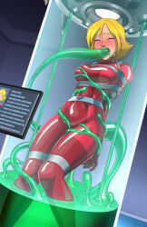 1girl arms_behind_back bdsm blonde_hair blue_eyes blush bodysuit bondage bound breasts closed_eyes clover_(totally_spies) covered_in_slime fellatio highres impossible_bodysuit impossible_clothes large_breasts metal_belt nose_blush oral red_bodysuit restrained shio-bari short_hair simulated_fellatio slime_(creature) slime_(substance) solo stasis_tank stationary_restraints totally_spies whoop_catsuit