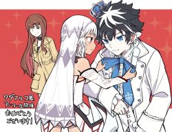 1boy 2girls aged_down altera_(fate) altera_larva_(fate) black_hair blue_eyes blush brother_and_sister brown_eyes brown_hair charlemagne_(fate) child crown dark-skinned_female dark_skin detached_sleeves fate/extella fate/extella_link fate/extra fate/grand_order fate_(series) hair_between_eyes hair_ribbon highres jacket kishinami_hakuno_(female) kotoko902 long_hair long_sleeves mini_crown multicolored_hair multiple_girls red_background red_eyes ribbon shirt short_hair siblings smile two-tone_hair veil white_hair