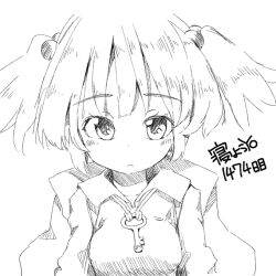 1girl backpack bag blush breasts cactas7 closed_mouth greyscale hair_bobbles hair_ornament kawashiro_nitori key long_sleeves looking_at_viewer medium_breasts monochrome no_headwear solo touhou upper_body white_background