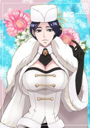 1girl anno_im black_gloves bleach bleach:_brave_souls blue_background blue_eyes blue_hair breasts cape christmas cleavage coat coat_dress cropped_jacket dark_blue_hair dress flower fur-trimmed_cape fur-trimmed_coat fur-trimmed_jacket fur_collar fur_hat fur_trim gloves hair_bun hair_ornament hat jacket jewelry large_breasts mature_female official_alternate_costume snow snowflakes solo solo_focus strapless unohana_retsu ushanka white_cape white_dress