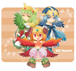 Rule 34 | 3girls, beat monsters, blue boots, blue eyes, blue gemstone, blue hair, boots, brown boots, brown horns, closed mouth, commentary request, criss-cross halter, curled horns, dancer, dress, expressionless, full body, gem, gold, green boots, green eyes, green hair, halterneck, harpy, helm, helmet, horns, long hair, looking at viewer, monster girl, multiple girls, musical note, open mouth, orange background, orange hair, pointy ears, red eyes, red gemstone, smile, suni (pixiv401818), white dress, winged arms, wings