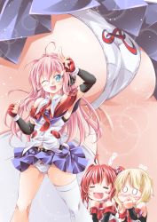 0_0 3girls =_= ahoge aishuu_karasutengu arm_up armpits ass atlanta_(azur_lane) atlanta_braves azur_lane belt blonde_hair blouse blue_eyes blush braid chibi chibi_inset commentary_request covered_mouth covering_own_mouth fingerless_gloves gloves hair_between_eyes hand_over_own_mouth highres juneau_(azur_lane) legs_apart long_hair looking_at_viewer midriff_peek miniskirt mtu_virus multiple_girls multiple_views off_shoulder one_eye_closed open_mouth panties pantyshot parted_bangs pink_hair pocket red_hair san_diego_(azur_lane) shirt single_thighhigh skirt solo_focus standing thighhighs thighs twintails underwear white_legwear white_shirt