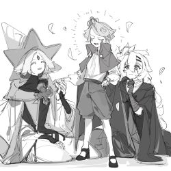 1girl 201412260328 2boys :3 braid cape capelet closed_eyes closed_mouth collared_cape collared_capelet cookie_run cookie_run:_kingdom crown custard_cookie_iii falling_petals flower full_body gloves greyscale hair_flower hair_ornament happy highres long_hair long_sleeves monochrome multiple_boys open_mouth pantyhose petals puffy_long_sleeves puffy_shorts puffy_sleeves pure_vanilla_cookie shoes short_hair shorts sidelocks simple_background smile very_long_hair white_lily_cookie wrist_wrap