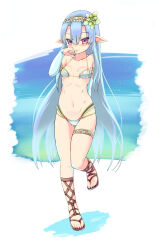 absurdres bikini blue_hair blush breasts cleavage crystal_alma elf emil_chronicle_online hair_ornament hairband highres long_hair navel pointy_ears red_eyes sandals smile standing standing_on_one_leg swimsuit the-ta very_long_hair