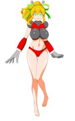 absurdres android antennae armor armored_gloves arms_up assatakku bikini_armor blonde_hair blue_eyes boots breasts green_ribbon hair_ribbon hairband headphones highres hyper_roll_(marvel_vs._capcom) joints knee_boots large_breasts long_hair looking_at_viewer marvel_vs._capcom mechanical_arms mechanical_legs mega_man_(classic) mega_man_(series) navel no_shoes ponytail radio_antenna red_armor ribbon robot robot_girl robot_joints roll_(mega_man) shoulder_armor sidelocks