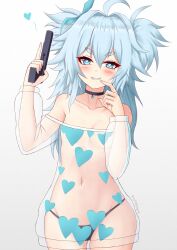 1girl ahoge bare_shoulders black_choker black_panties blue_eyes blue_hair blue_ribbon blush breasts choker collarbone commentary dress english_commentary finger_to_mouth florence_(girls&#039;_frontline_2) girls&#039;_frontline girls&#039;_frontline_2:_exilium gradient_background grey_background grin gun hair_between_eyes hair_intakes hair_ribbon handgun hands_up heart heart-shaped_pupils highres hip_focus holding holding_gun holding_weapon long_hair long_sleeves looking_at_viewer mab_pa-15 messy_hair navel off-shoulder_dress off-shoulder_shirt off_shoulder pa-15_(girls&#039;_frontline) pa-15_(marvelous_yam_pastry)_(girls&#039;_frontline) panties prophosphere puffy_long_sleeves puffy_sleeves ribbon see-through_clothes see-through_dress see-through_shirt shirt short_eyebrows signature small_breasts smile smug solo stomach symbol-shaped_pupils thick_eyebrows trigger_discipline two_side_up underwear v-shaped_eyebrows weapon white_shirt