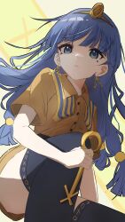 1girl absurdres aqua_eyes belt black_belt black_thighhighs blue_hair brown_shirt brown_shorts buttons closed_mouth collared_shirt commentary_request expressionless facial_tattoo fossilized_wonders from_below gold hair_bobbles hair_ornament headpiece highres holding invisible_chair long_hair low-tied_long_hair michigami_nareko partial_commentary shirt short_sleeves shorts sitting solo tattoo thighhighs touhou zhufenghg