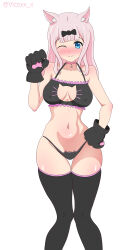 1girl absurdres animal_ears black_bow blue_eyes blush bow cat_ears cleavage_cutout clothing_cutout covered_erect_nipples fujiwara_chika gloves highres kaguya-sama_wa_kokurasetai_~tensai-tachi_no_renai_zunousen~ lingerie long_hair one_eye_closed pink_hair thighhighs underwear vicoxx
