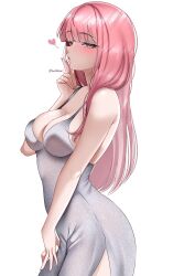 1girl absurdres alternate_costume armpit_crease blush breasts cleavage cowboy_shot dress heart helldeer highres hololive hololive_english index_finger_raised large_breasts long_hair looking_at_viewer mori_calliope parted_lips pink_eyes pink_hair side_slit silver_dress simple_background solo spoken_heart very_long_hair virtual_youtuber white_background
