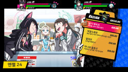 Rule 34 | 3girls, airi (blue archive), black hair, blonde hair, blue archive, blue eyes, colored inner hair, delinquent, halo, highres, jacket, kazusa (blue archive), korean text, kunio-kun series, long hair, medium hair, multicolored hair, multiple girls, nasan (coldtime), pink hair, pleated skirt, river city girls, school uniform, skirt, sora (blue archive), sukeban, track jacket