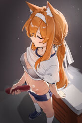 1girl absurdres animal_ear_fluff animal_ears blue_archive breasts clothes_lift cum flower gym_shorts gym_uniform hair_flower hair_ornament hairband halo highres holding_baton long_hair low_ponytail mari_(blue_archive) mari_(track)_(blue_archive) mint_ch official_alternate_costume orange_hair ponytail shirt_lift shorts small_breasts solo white_flower white_hairband yellow_halo