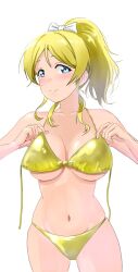 1girl ayase_eli bikini blonde_hair blue_eyes bow breasts cleavage cowboy_shot gold_bikini hair_bow high_ponytail large_breasts love_live! love_live!_school_idol_project navel nonaka_kokoro ponytail simple_background solo stomach swimsuit untied_bikini white_background white_bow