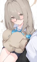 1boy 1girl absurdres akane_(blue_archive) akane_(school_uniform)_(blue_archive) black-framed_eyewear black_pants black_skirt blue_archive blue_bow blue_bowtie blush bow bowtie breasts brown_cardigan brown_eyes brown_hair brown_halo cardigan closed_mouth commentary_request glasses hair_between_eyes halo handjob handjob_under_clothes highres large_breasts long_hair looking_at_viewer mikozin miniskirt pants pleated_skirt rectangular_eyewear shirt simple_background skirt sleevejob sleeves_past_fingers sleeves_past_wrists smile sound_effects thighs white_background white_shirt