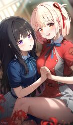 2girls :d :o absurdres aviary belt black_hair blonde_hair blush breasts commentary flower hair_ribbon highres inoue_takina large_breasts long_hair lycoris_recoil lycoris_uniform medium_breasts multiple_girls neck_ribbon nishikigi_chisato open_mouth pleated_skirt purple_eyes red_eyes red_flower revision ribbon short_hair skirt smile spider_lily thighs yuri