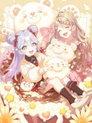 2girls absurdres animal_bag aqua_hair artist_request bear bear_bag black_socks bow braid braided_bangs brown_hair cardigan closed_eyes coffee cream double_bun dress flower hair_bow hair_bun hair_ornament hairpin heart highres hirose_miina kotomori_airi long_hair multicolored_dress multiple_girls official_art open_cardigan open_clothes open_mouth pink_bow pink_skirt pouch red_bow shine_post shoes skirt socks sparkle teeth upper_teeth_only very_long_hair white_shoes yellow_cardigan yellow_eyes