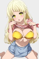 Rule 34 | 1girl, bang dream!, bikini, blonde hair, blue skirt, breasts, clothes lift, commentary, gold bikini, highres, large breasts, long hair, looking at viewer, navel, noshimurin, red shirt, shirt, shirt lift, simple background, skirt, solo, stomach, striped clothes, striped shirt, swimsuit, tsurumaki kokoro, white background, yellow eyes