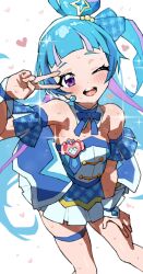 1girl ;d aokaze_nana armpits bare_shoulders blue_bow blue_bowtie blue_dress blue_hair blue_ribbon blue_sleeves bow bowtie breasts collar commentary_request cure_wink detached_collar detached_sleeves dress hair_ribbon hairband hand_on_own_leg hand_up headset highres idol_heart_brooch kimi_to_idol_precure long_hair looking_at_viewer magical_girl mo_(boo1719501boo) multicolored_hair one_eye_closed one_side_up open_mouth pink_hair plaid_ribbon precure purple_eyes ribbon short_sleeves small_breasts smile solo strapless strapless_dress streaked_hair sweat teeth thigh_strap two-tone_hair upper_teeth_only v v_over_eye very_long_hair white_background white_collar white_hairband white_wrist_cuffs wrist_cuffs