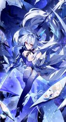 Rule 34 | 1girl, absurdres, breasts, closed mouth, commentary request, crossed bangs, dress, dual wielding, full body, genshin impact, hair between eyes, hair intakes, high heels, highres, hizuki miya, holding, holding sword, holding weapon, large breasts, long hair, lumine (genshin impact), making-of available, paimon (genshin impact), pink eyes, prosthesis, prosthetic arm, prosthetic leg, shards, skirk (genshin impact), solo focus, sword, teeth, weapon, white dress, white hair