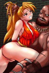 1boy 1girl 36shiri anus arms_behind_back ass bald beard blonde_hair blood blurry blush breasts brick_wall capcom censored clenched_teeth depth_of_field eye_contact facial_hair final_fight genryuusai_maki grabbing_another&#039;s_hair high_ponytail imminent_rape large_breasts long_hair looking_at_another mosaic_censoring muscular mustache nipples no_bra no_panties nose_blush ponytail pussy pussy_juice red_eyes revealing_clothes running_bond scar sideboob sweat teeth tongue tongue_out