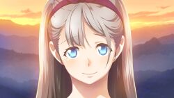 1girl blue_eyes close-up cloud fukuda_tomonori game_cg hairband highres hill light_blush long_hair looking_at_viewer mountainous_horizon non-web_source official_art portrait red_hairband robotics;notes robotics;notes_dash shiny_eyes sky smile solo sunset tearing_up yukifune_airi