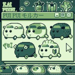 5others abbey_(pui_pui_molcar) absurdres animal_focus bell_pepper car carrot choco_(pui_pui_molcar) cursor flower_hairpin guinea_pig heart highres kaipixelart lettuce molcar motor_vehicle multiple_others pixel_art potato_(pui_pui_molcar) pui_pui_molcar retro_artstyle shiromo_(pui_pui_molcar) shoshinsha_mark signature sparkle teddy_(pui_pui_molcar) wheel window_(computing)