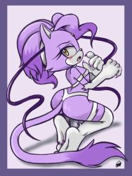 1girl animal_ears ass blaze_the_cat blush border cat_ears cat_girl cat_tail claws cosplay eyelashes felicia_(darkstalkers) felicia_(darkstalkers)_(cosplay) forehead_jewel furry furry_female highres long_hair looking_at_viewer looking_back open_mouth outside_border pepamintop pink_background ponytail purple_border purple_fur signature simple_background solo sonic_(series) tail yellow_eyes