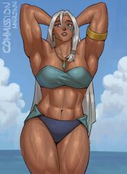 1girl alternate_muscle_size armpits arms_behind_head atlantis:_the_lost_empire bandeau blue_bandeau blue_eyes blue_panties blue_sky cloud dark-skinned_female dark_skin day earrings english_text gold_armlet highres jewelry kidagakash long_hair m4rjinn muscular muscular_female navel necklace outdoors panties sky solo standing underwear water white_hair