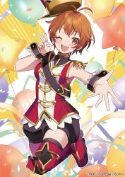 1girl bang_dream! black_shorts boots highres kitazawa_hagumi looking_at_viewer miwasiba official_art one_eye_closed open_mouth orange_eyes orange_hair peace_symbol puffy_shorts red_footwear short_hair shorts star_balloon thigh_boots thighhighs thighhighs_under_boots v