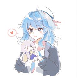 1girl :d black_jacket blue_eyes blue_hair blue_necktie blush character_doll character_request commentary cropped_torso doll hair_between_eyes haiyi heart highres holding jacket long_sleeves medium5 medium_hair necktie open_clothes open_jacket open_mouth pink_sailor_collar sailor_collar shang_ge_promax shirt simple_background smile solo spoken_heart symbol-only_commentary white_background white_shirt