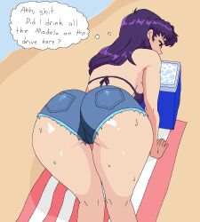 1girl all_fours ass ass_focus beach beach_towel bikini brown_eyes cooler denim denim_shorts english_text from_behind katsuragi_misato neon_genesis_evangelion nevtelen purple_bikini purple_hair shorts solo speech_bubble sweat swimsuit thought_bubble torn_clothes torn_shorts towel