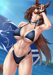 1girl abs absurdres animal_ears arm_up armpits bare_shoulders beach bikini black_bikini black_choker blue_sky breasts brown_hair choker cleavage cloud collarbone commentary cowboy_shot day dutch_angle ear_ornament groin hair_between_eyes highleg highleg_bikini highres holding holding_surfboard horse_ears horse_girl horse_tail large_breasts long_hair multicolored_hair navel ocean outdoors parted_lips red_eyes sidelocks sirius_symboli_(umamusume) skindentation sky solo standing stmoon stomach streaked_hair surfboard sweat swimsuit tail umamusume very_long_hair white_hair wristband