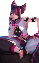 Rule 34 | 1girl, absurdres, arm tattoo, black hair, blue eyes, blue nails, bracelet, breasts, center opening, chest tattoo, cleavage, collar, commentary, feet, fingerless gloves, gloves, hair horns, han juri, hand on own leg, head rest, heterochromia, highres, jewelry, kou (ssdd), large breasts, looking at viewer, multicolored hair, navel, pants, parted lips, pink eyes, pink gloves, solo, spiked bracelet, spiked collar, spikes, street fighter, tattoo, teeth, two-tone hair, v-shaped eyebrows, vest, wheel, white background, white pants, white vest